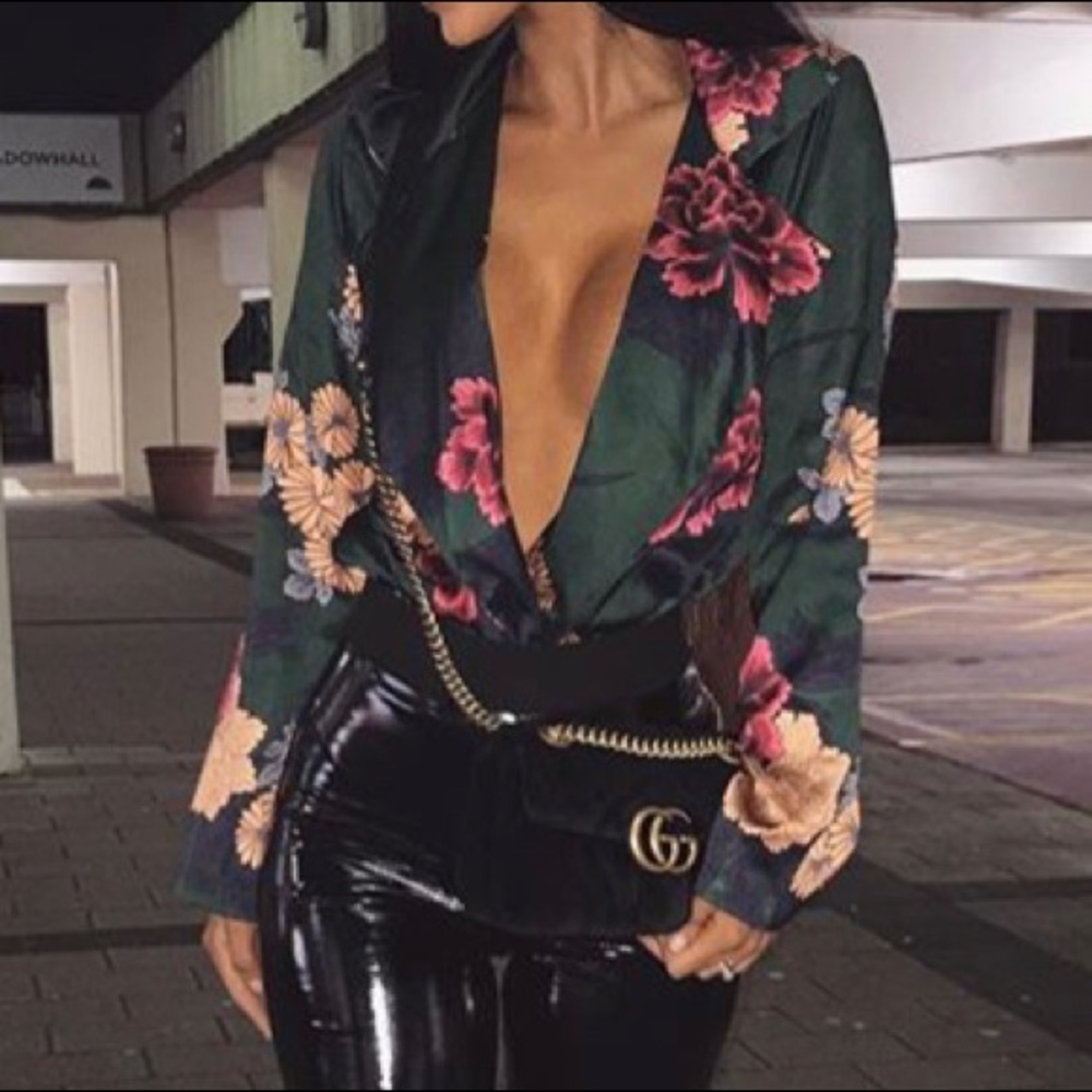 Floral Long Sleeve Plunge Bodysuit